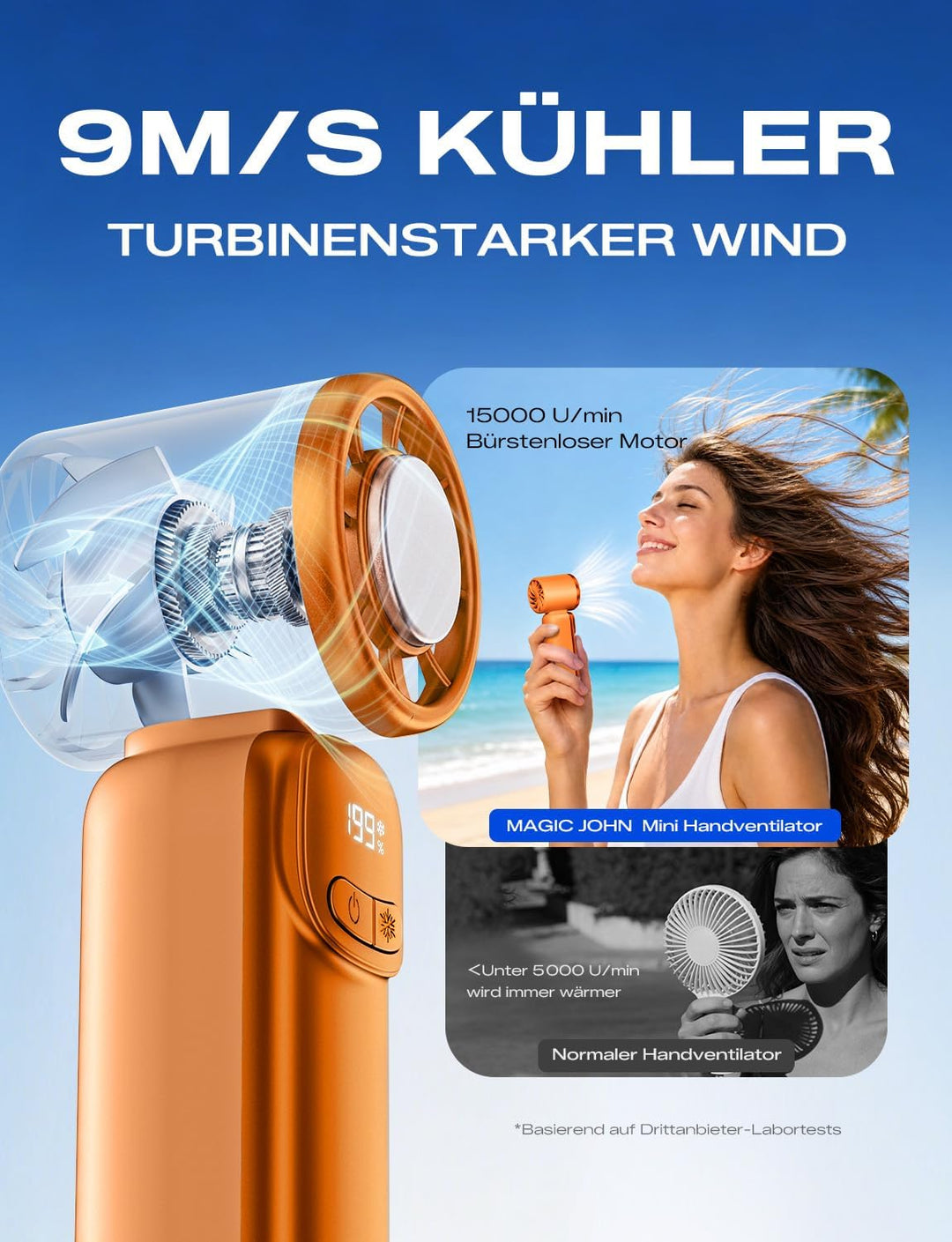 MAGIC JOHN Mini Handventilator mit Kühlung (orange) | 199 Lüfterstufen, bis zu 11h Laufzeit, USB-C A