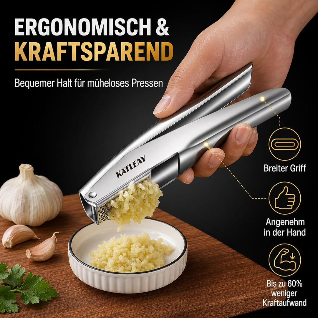Profi Knoblauchpresse Edelstahl, Garlic Press Spülmaschinenfest - mit Schäler und Bürste, Leicht zu