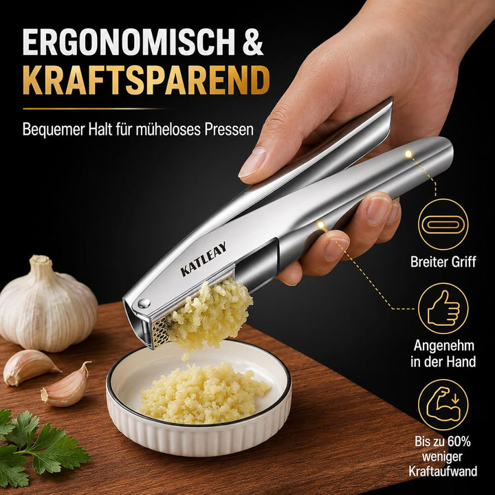 Profi Knoblauchpresse Edelstahl, Garlic Press Spülmaschinenfest - mit Schäler und Bürste, Leicht zu