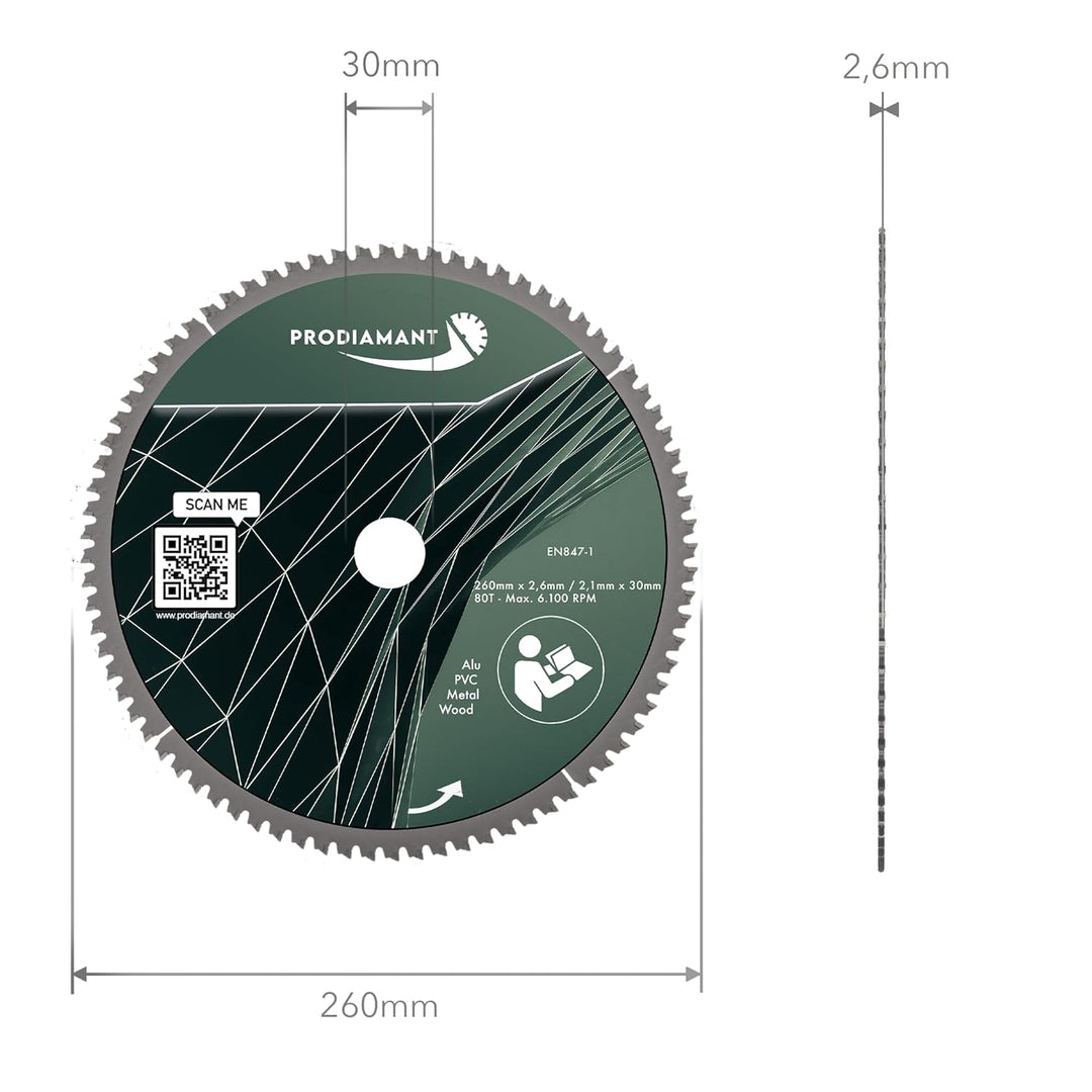 PRODIAMANT Multi Sägeblatt 260 x 30 mm Hartmetallsägeblatt für Holz, Alu, Kunstoff und Laminat mit H