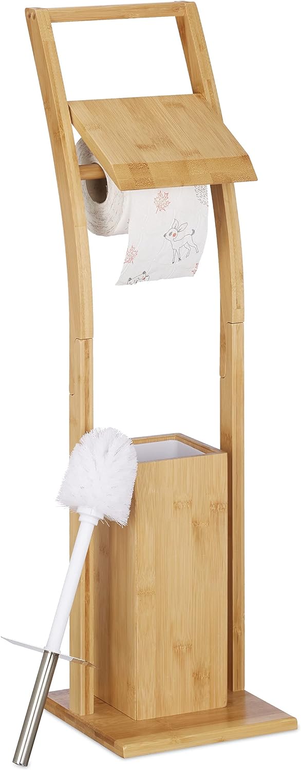 Relaxdays WC Garnitur, Bambus, Edelstahl, Klopapierständer mit Toilettenbürste, freistehend, HBT: 74