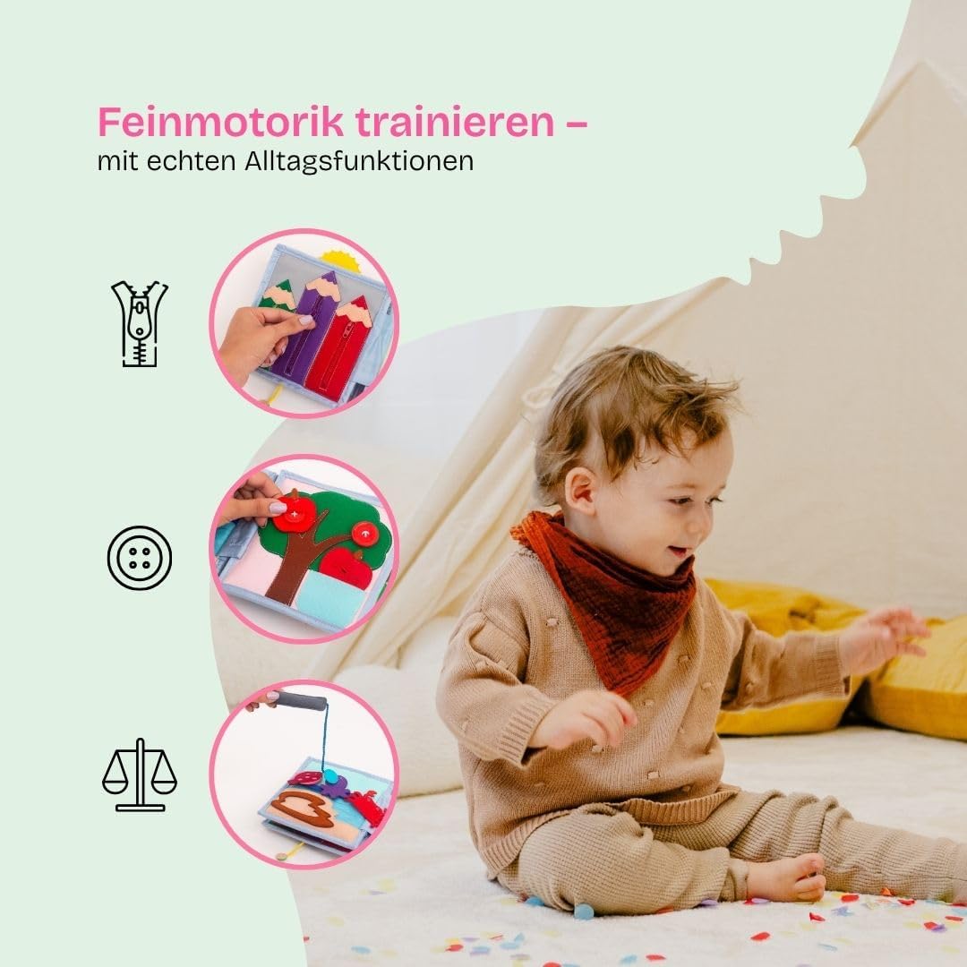 Jolly Designs 6-seitiges Mini Quiet Book Sonnenschein - Montessori Lernspielzeug aus hochwertigem St
