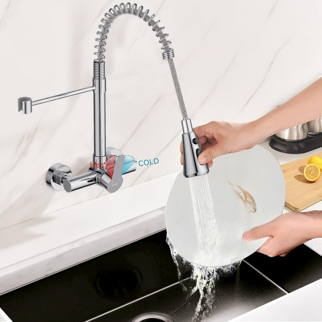 HURRAN Wasserhahn Wandmontage, Küchenarmatur mit 3 Auslaufarten, 360° Schwenkbarer Wasserhahn Küche