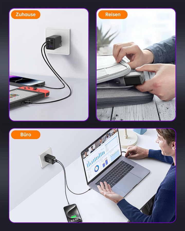 NOVOO 67W USB C Ladegerät 3-Port GaN Ⅲ USB C Netzteil Schnellladegerät mit 2 PD 100W Typ-C-Kabeln Wa
