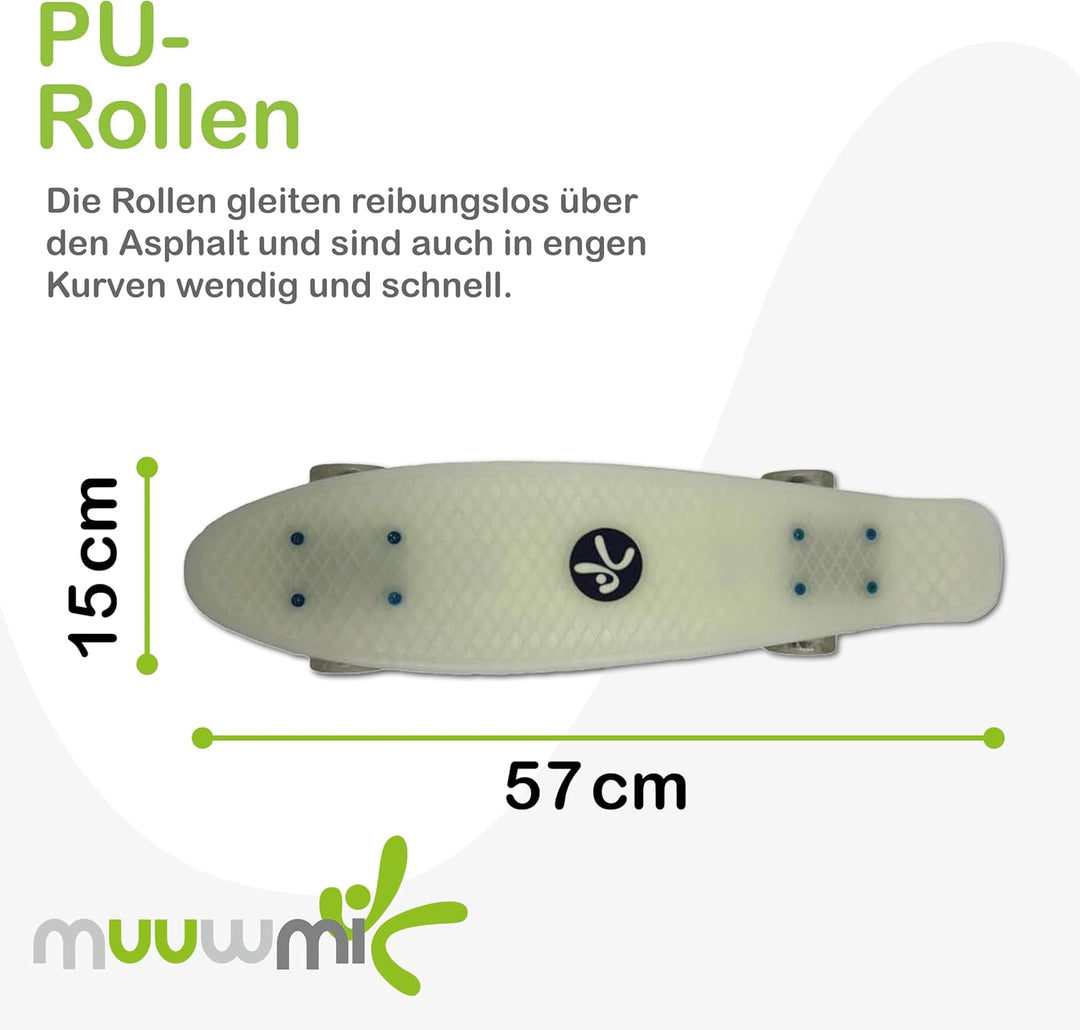 Muuwmi Skateboard Fun - Board Deck 57x15cm - ABEC 5 und PU-Rollen 60x45mm durchsichtig, durchsichtig