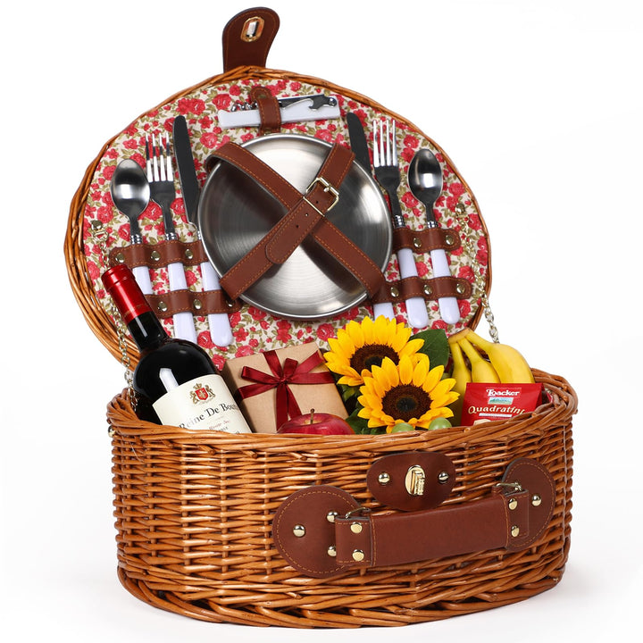 Picknickkorb-Set für 2 mit Kühlfach, Weinbeutel und Besteck Rose 40×28×17cm, Rose 40×28×17cm