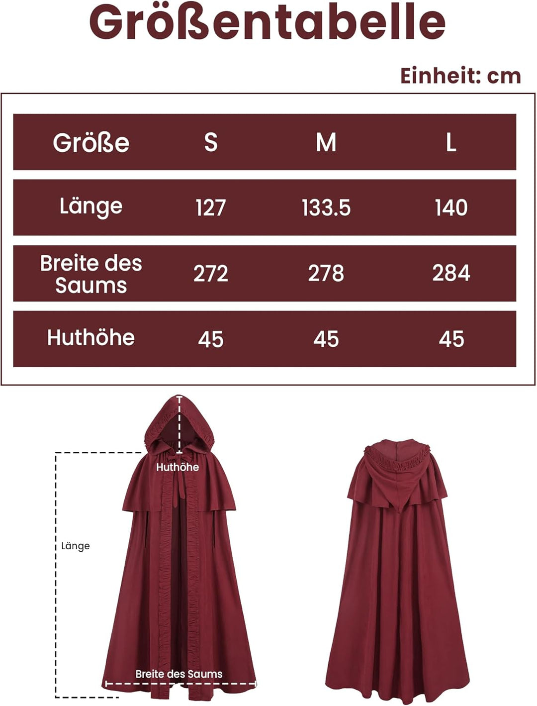 Mittelalter Umhang Damen mit Kapuze – Halloween Cape Vampir Kostüm Hexe Frauen Umhang Schwarz Vampir