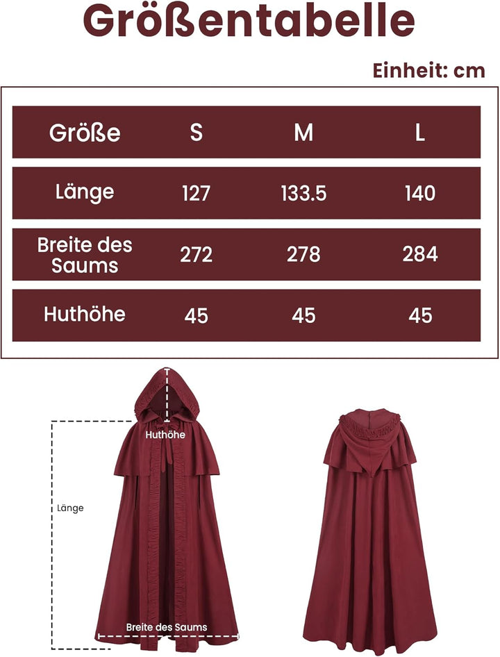 Mittelalter Umhang Damen mit Kapuze – Halloween Cape Vampir Kostüm Hexe Frauen Umhang Schwarz Vampir