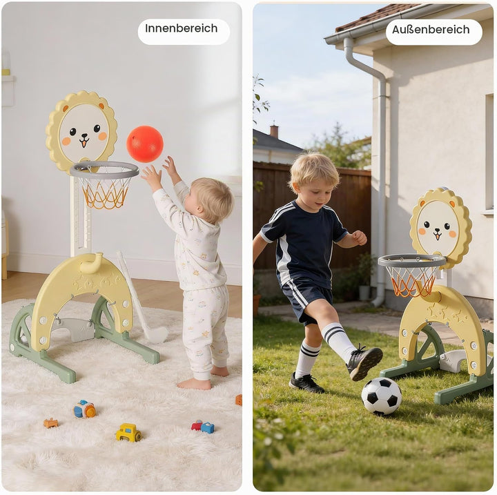 3-in-1 Kinder Basketballkorb Set, Höhenverstellbarer Basketballständer mit Fussballtor und Ringwurf,