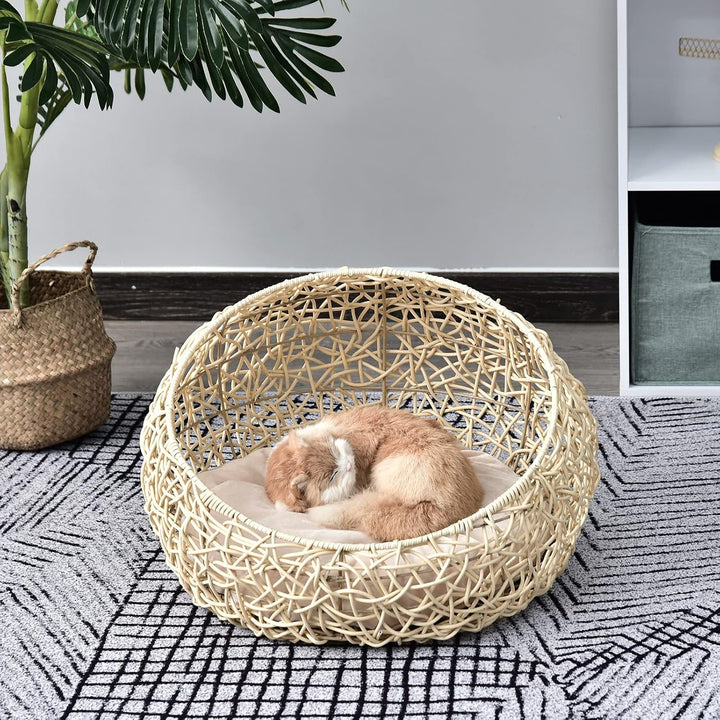 PawHut Rattan Katzenhöhle Katzenbett Katzenhaus mit Kissen Katzenzelt Haustierhaus für Katzen Hunde