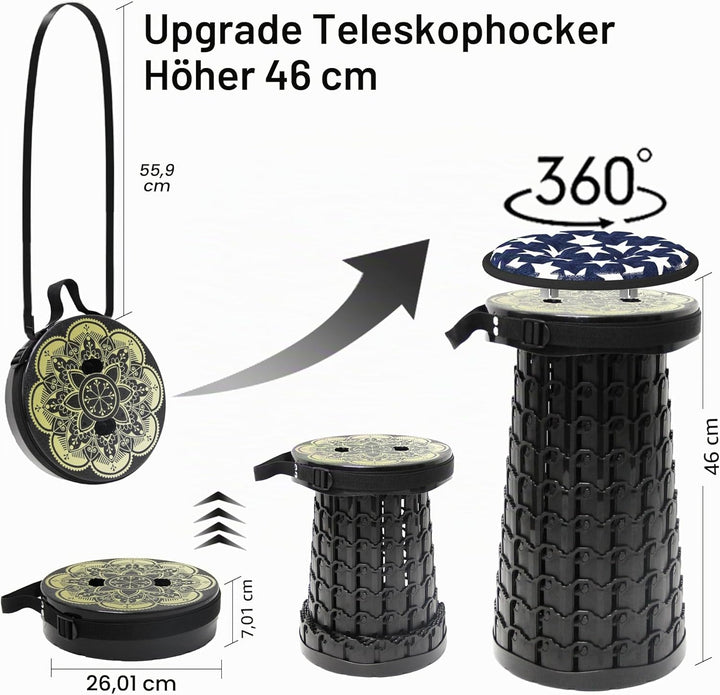 ALEVMOOM Tragbarer Klapphocker mit Kissen,Campinghocker,Teleskop-Hocker,Tragbar und Lighgewicht max