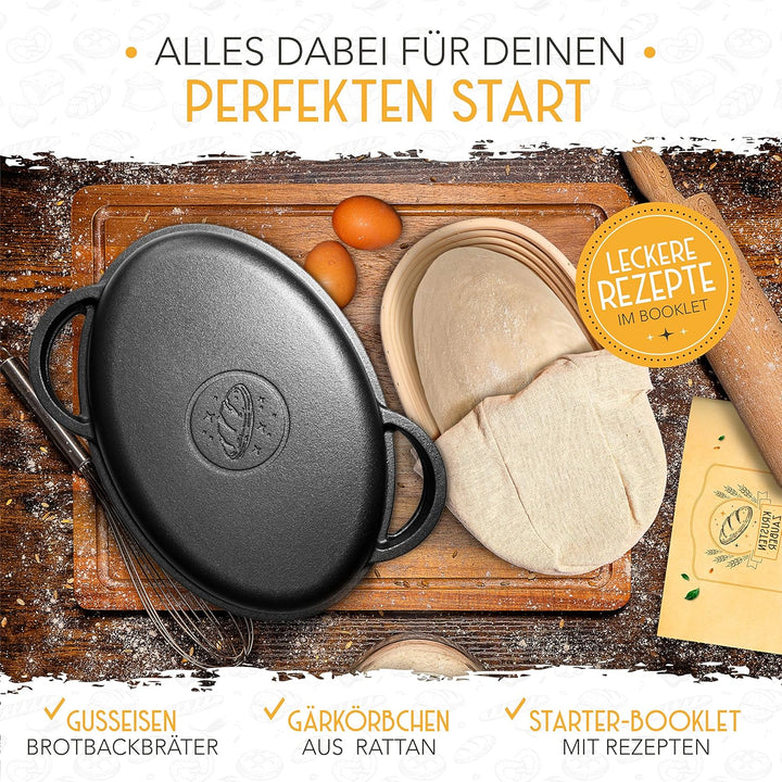 KRUSTENZAUBER 34cm Gusseisen Bräter mit Deckel backofengeeignet inkl. Gärkorb - ovaler Gusseisen Top