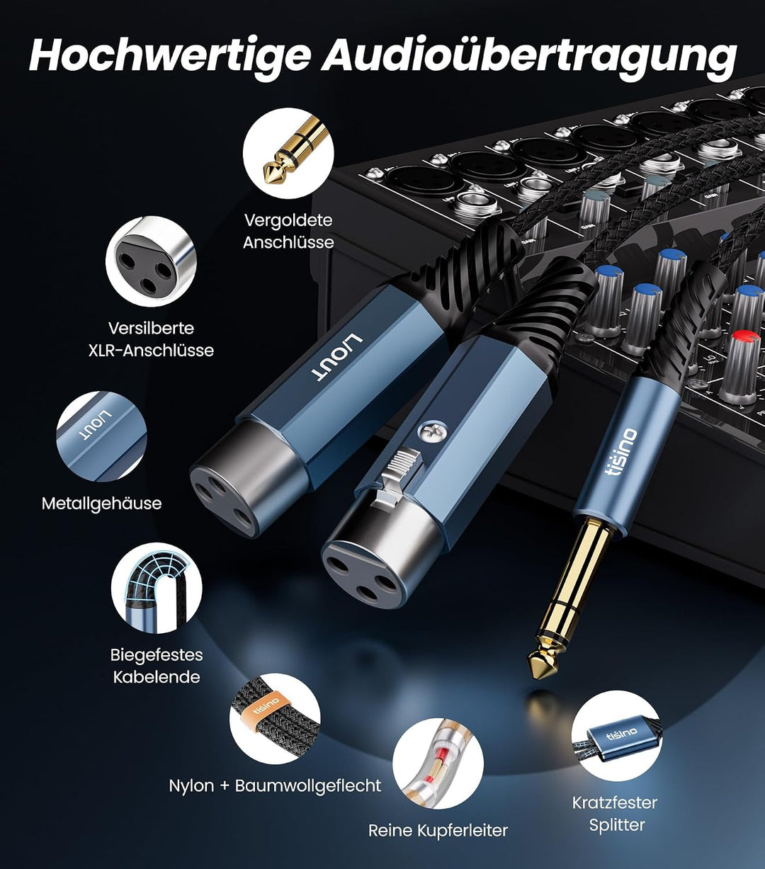 Tisino 2 Buchse XLR auf klinke 6,35mm TRS Stereo Y-Splitter Kabel, 3m 3m 6,35mm TRS auf 2 XLR-Buchse