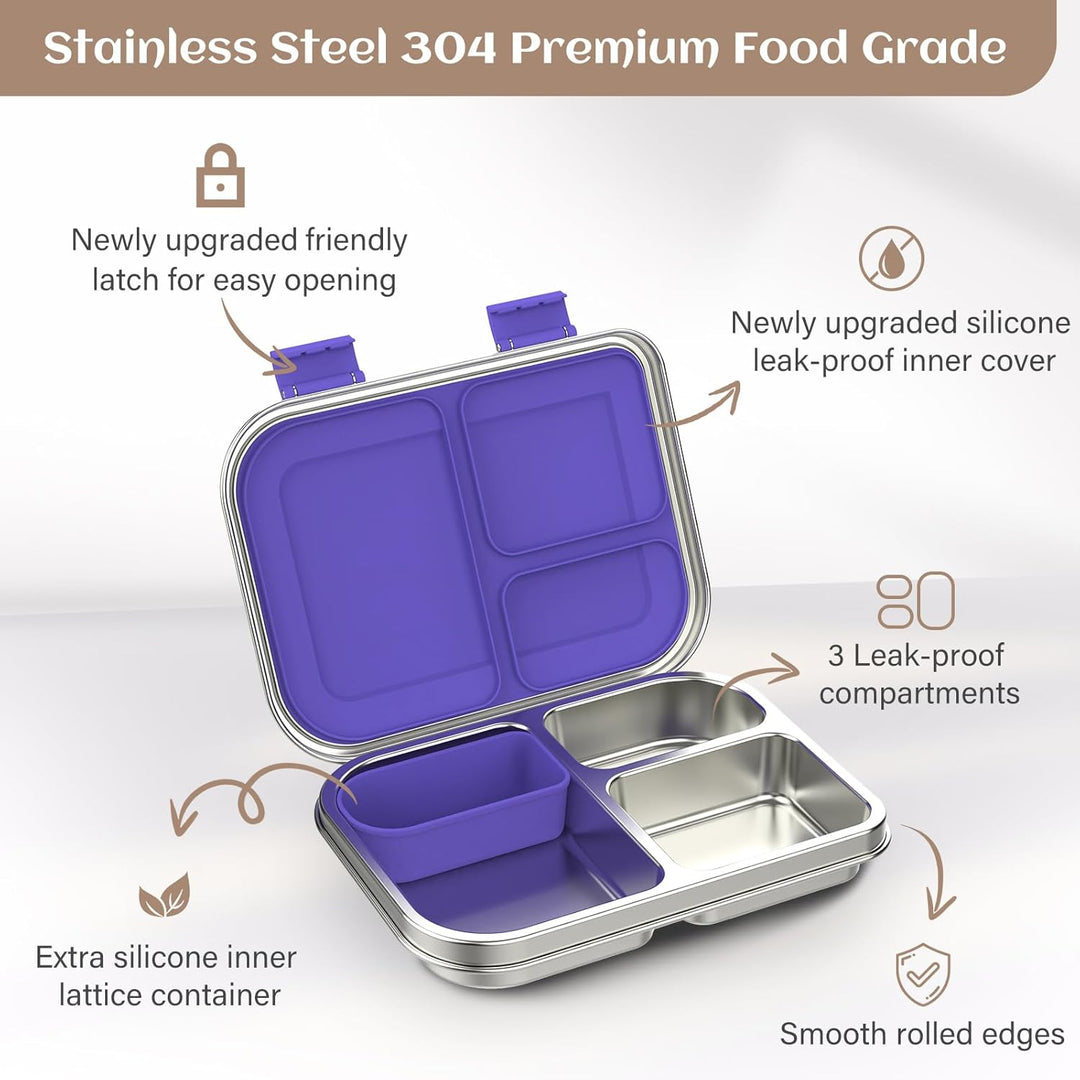 Edelstahl Brotdose Lunchbox Kinder, Metal Bento Lunch Box Auslaufsicher,3 Fächern mit Silikonbehälte