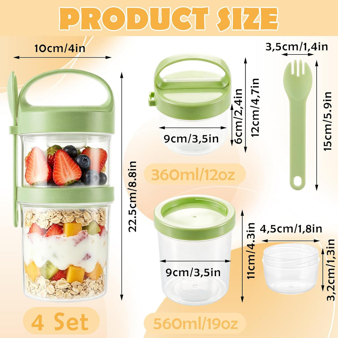 AKOLAFE 4er Set Müslibecher To Go in 4 Farben, Joghurtbecher mit Löffel und Dressing-Becher, 22,3x9,