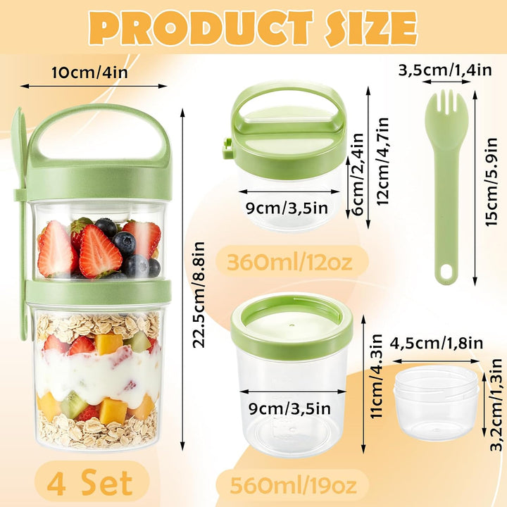 AKOLAFE 4er Set Müslibecher To Go in 4 Farben, Joghurtbecher mit Löffel und Dressing-Becher, 22,3x9,