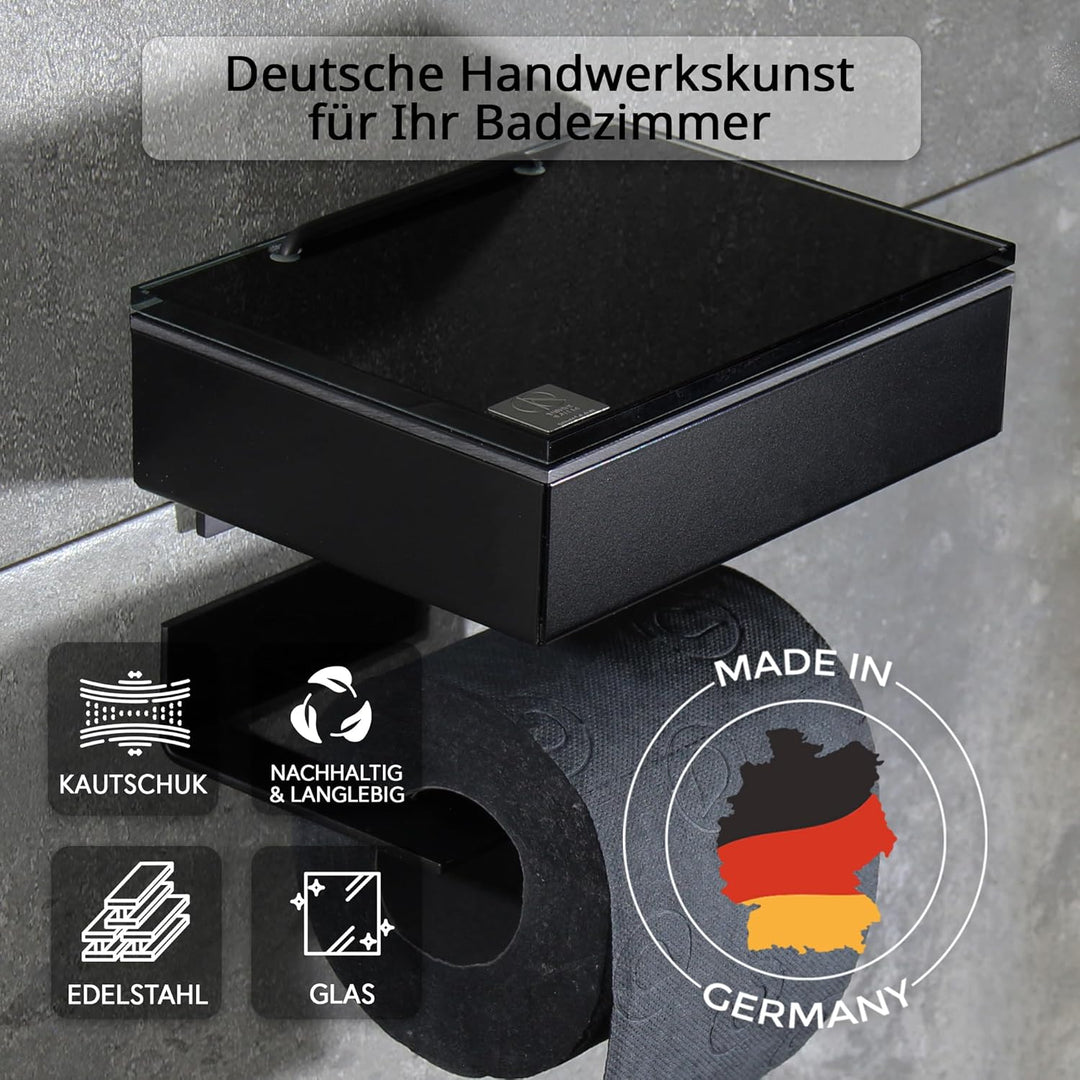 Toilettenpapierhalter mit Feuchttücherbox - Gehäuse Schwarz & Abdeckung Glas Schwarz- befüllbar von