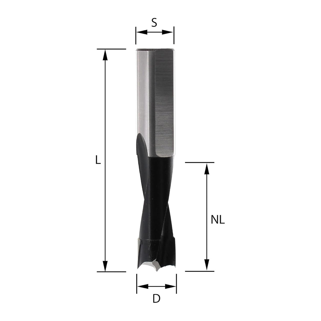 ENT 22200 Dübelbohrer HW, Schaft (S) 10 mm, Durchmesser (D) 5 mm, NL 18 mm, SL 34 mm, L 57,5 mm, Rec
