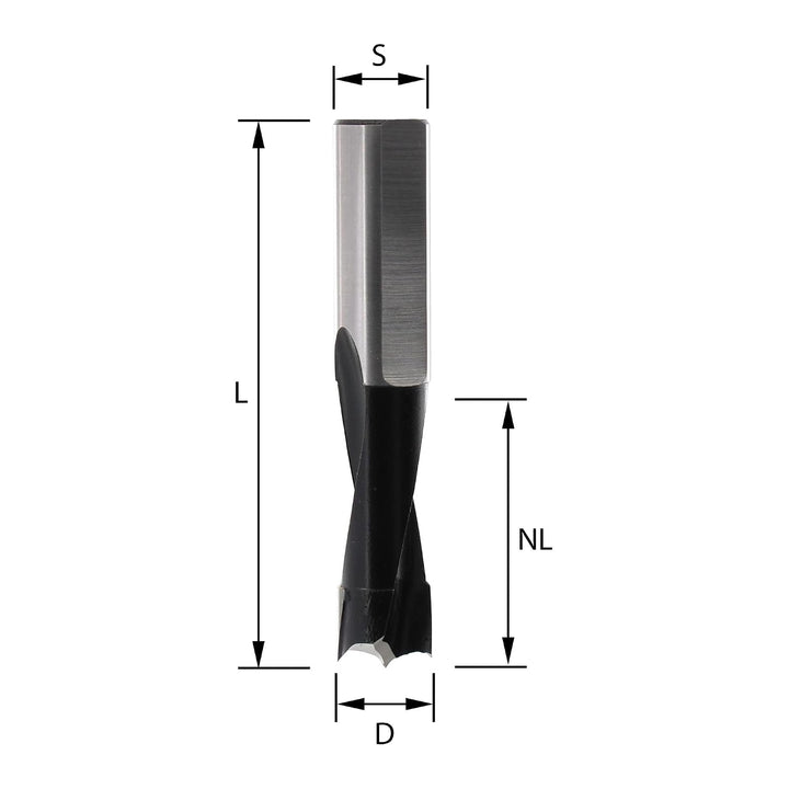 ENT 22121 Dübelbohrer HW, Schaft (S) 10 mm, Durchmesser (D) 5 mm, NL 27 mm, SL 27 mm, L 57,5 mm, Rec