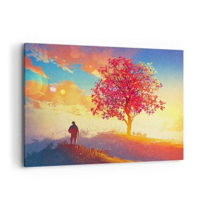 Bilder auf Leinwand 100x70cm Leinwandbild mit Rahmen Baum Wiese Feld Gross Wanddeko Bild Schlafzimme
