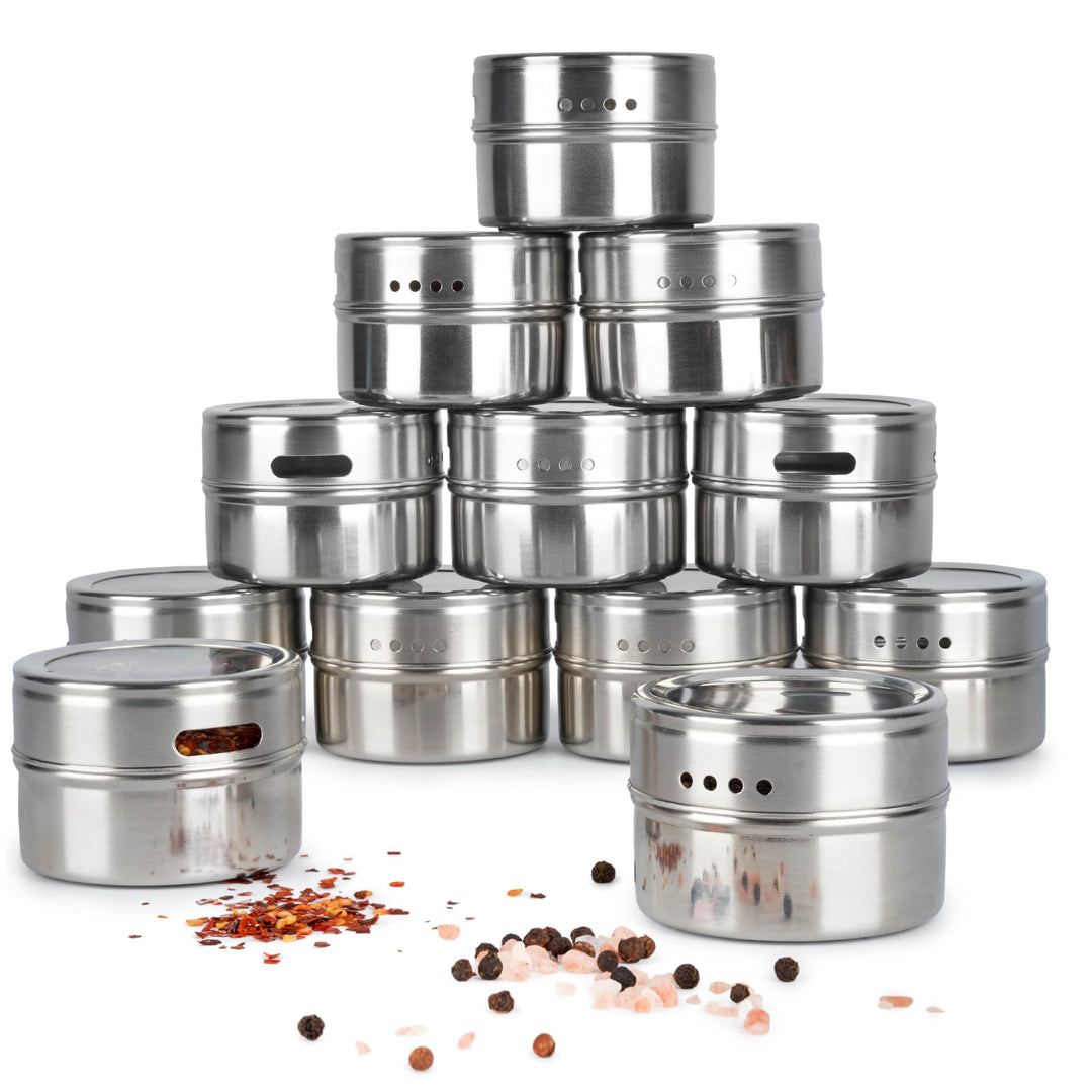 Oak & Steel – 12 Magnetische Edelstahl-Gewürzdosen (100ml, Silber) – 2-in-1 Gewürzbehälter mit Decke