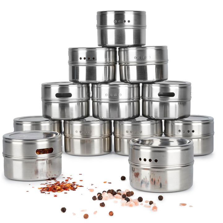 Oak & Steel – 12 Magnetische Edelstahl-Gewürzdosen (100ml, Silber) – 2-in-1 Gewürzbehälter mit Decke