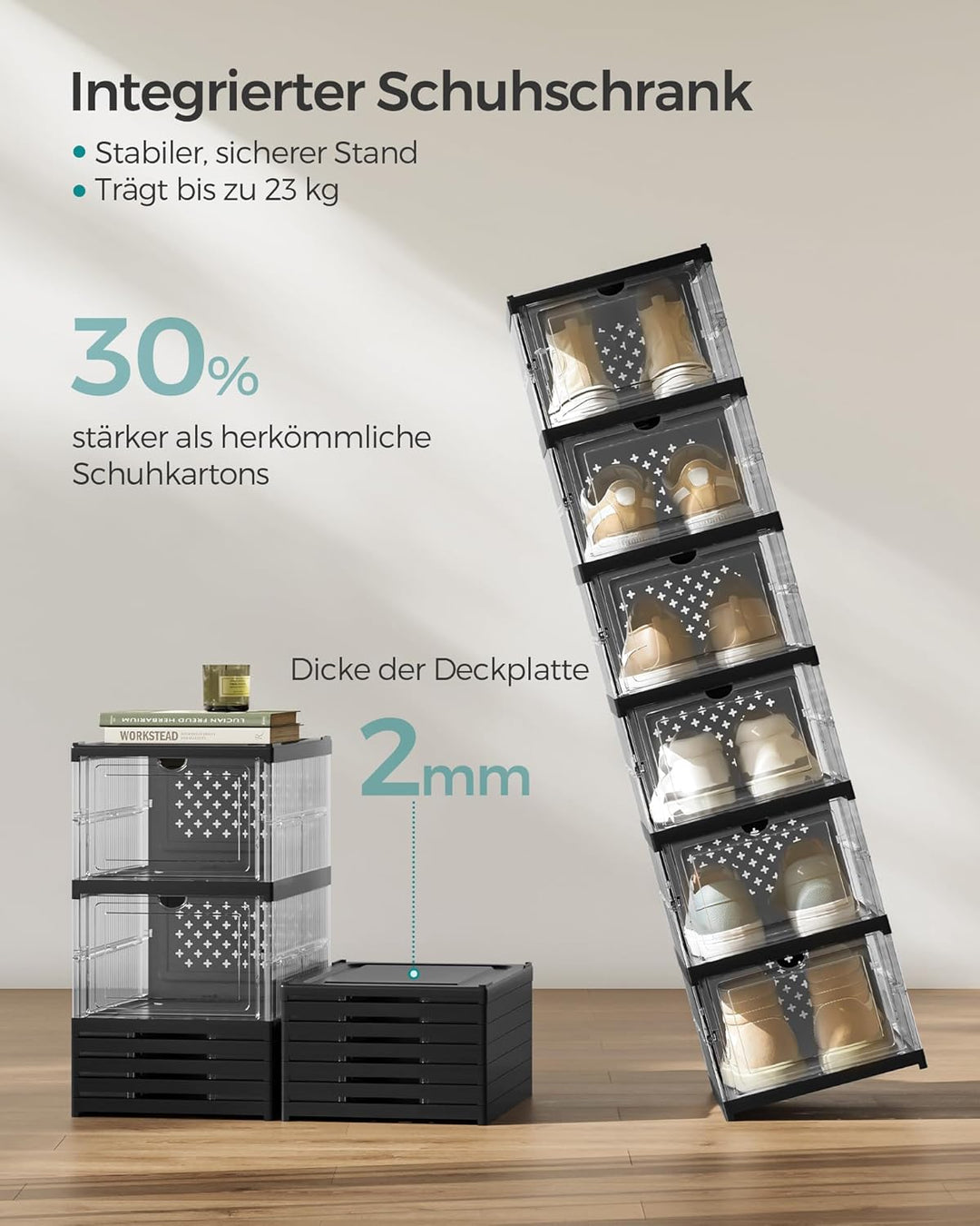 SONGMICS Schuhschrank, mit 6 Schuhboxen, integrierter Schuh-Organizer, faltbar, tragbar, für Schuhe