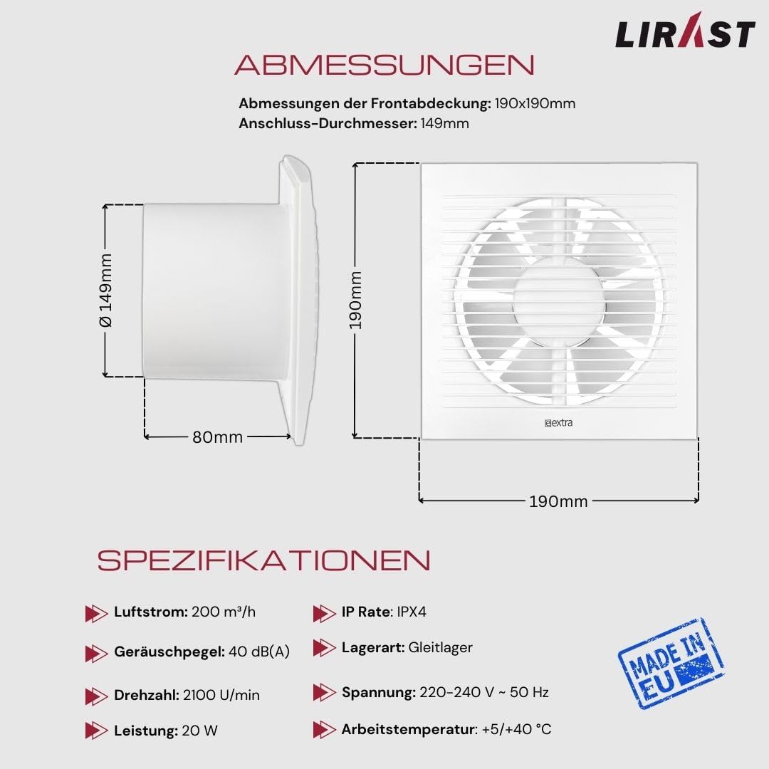 Ø 150mm Weiss Badlüfter - Lüfter für Effiziente Belüftung im Bad Kuche WC, Ø 150mm Weiss