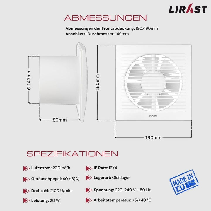 Ø 150mm Weiss Badlüfter - Lüfter für Effiziente Belüftung im Bad Kuche WC, Ø 150mm Weiss