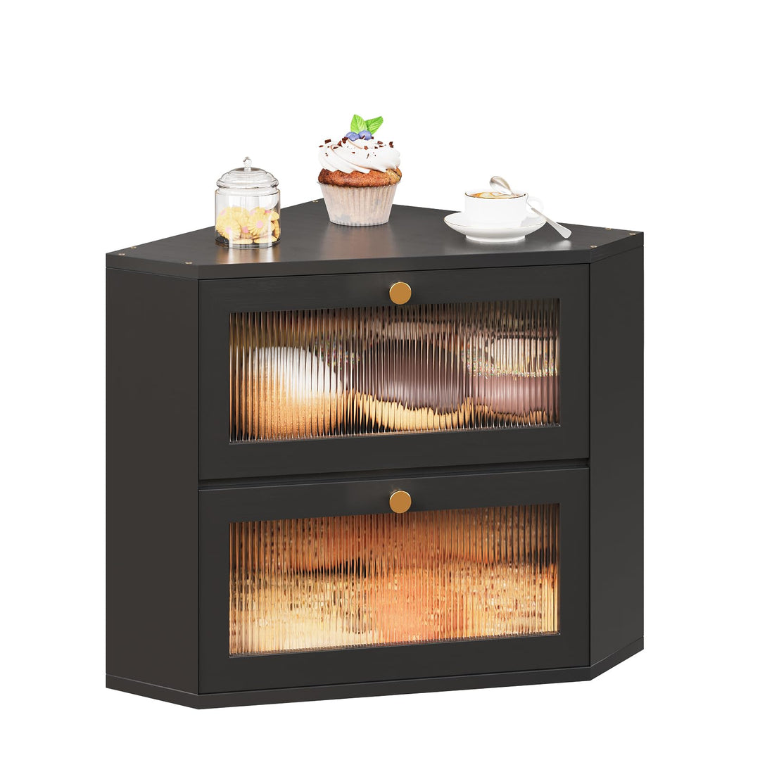 VEDECASA Bambus Brotkasten für Küche 2-Etagen Eck-brotkasten mit transparenter Acryl-Tür lebensmitte