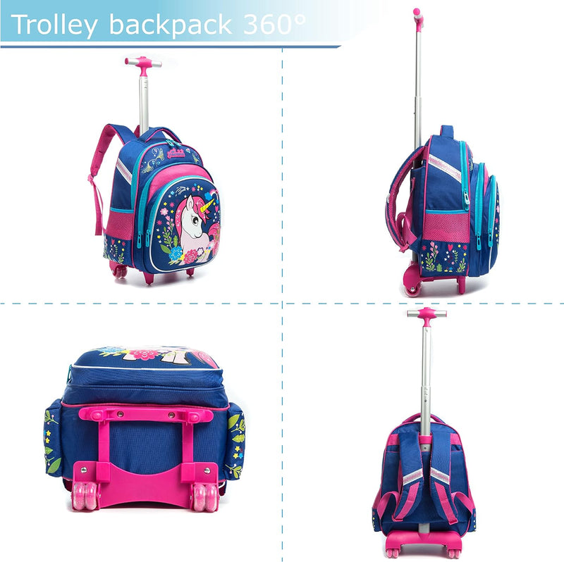 HTgroce Einhorn Schulranzen Rucksack Trolley mit 2 Rollen für Kinder Mädchen,Schulranzen mit Rollen