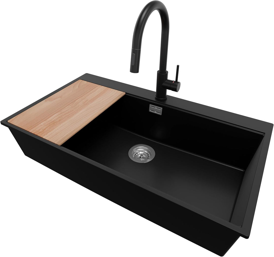 Granitspüle Schwarz 90x50 cm, Spülbecken + Ablauf-Set + Küchenarmatur 9050, Küchenspüle für 90er Unt