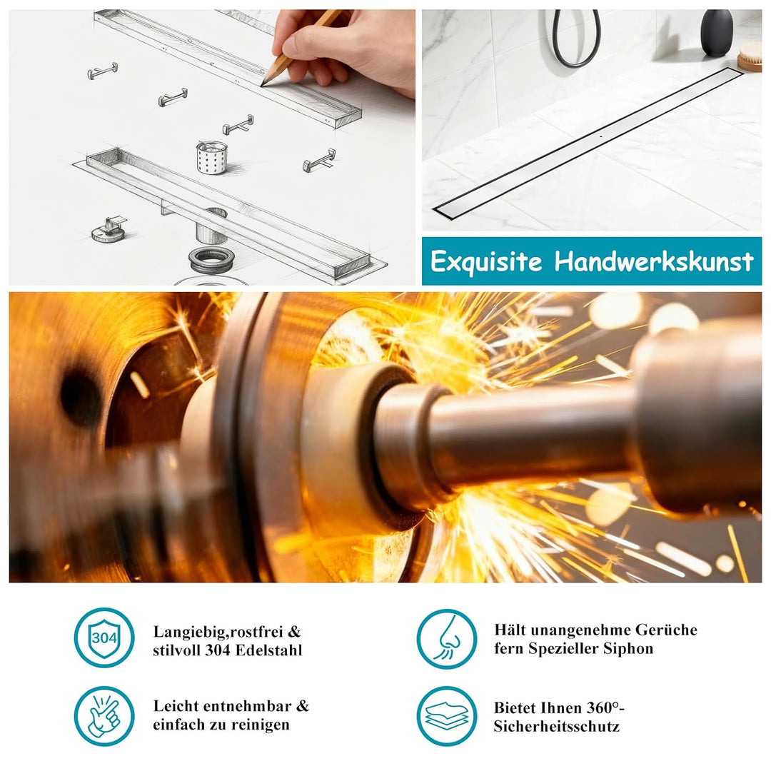 100 * 7cm Duschrinne 304 Edelstahl, Bodenablauf mit 360° Siphon Geruchsstop, 2 in1 Befliesbar Ablauf