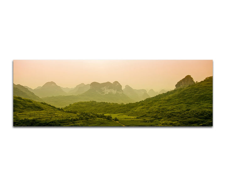 Paul Sinus Art Panoramabild auf Leinwand und Keilrahmen 150x50cm Berge Wald Natur Nebel Morgendämmer