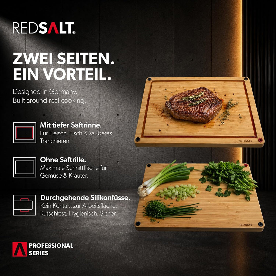 REDSALT® innovatives Bio Bambus Holz Schneidebrett 3er Set rutschfest | 38x26 32x22 26x18cm Holzbret