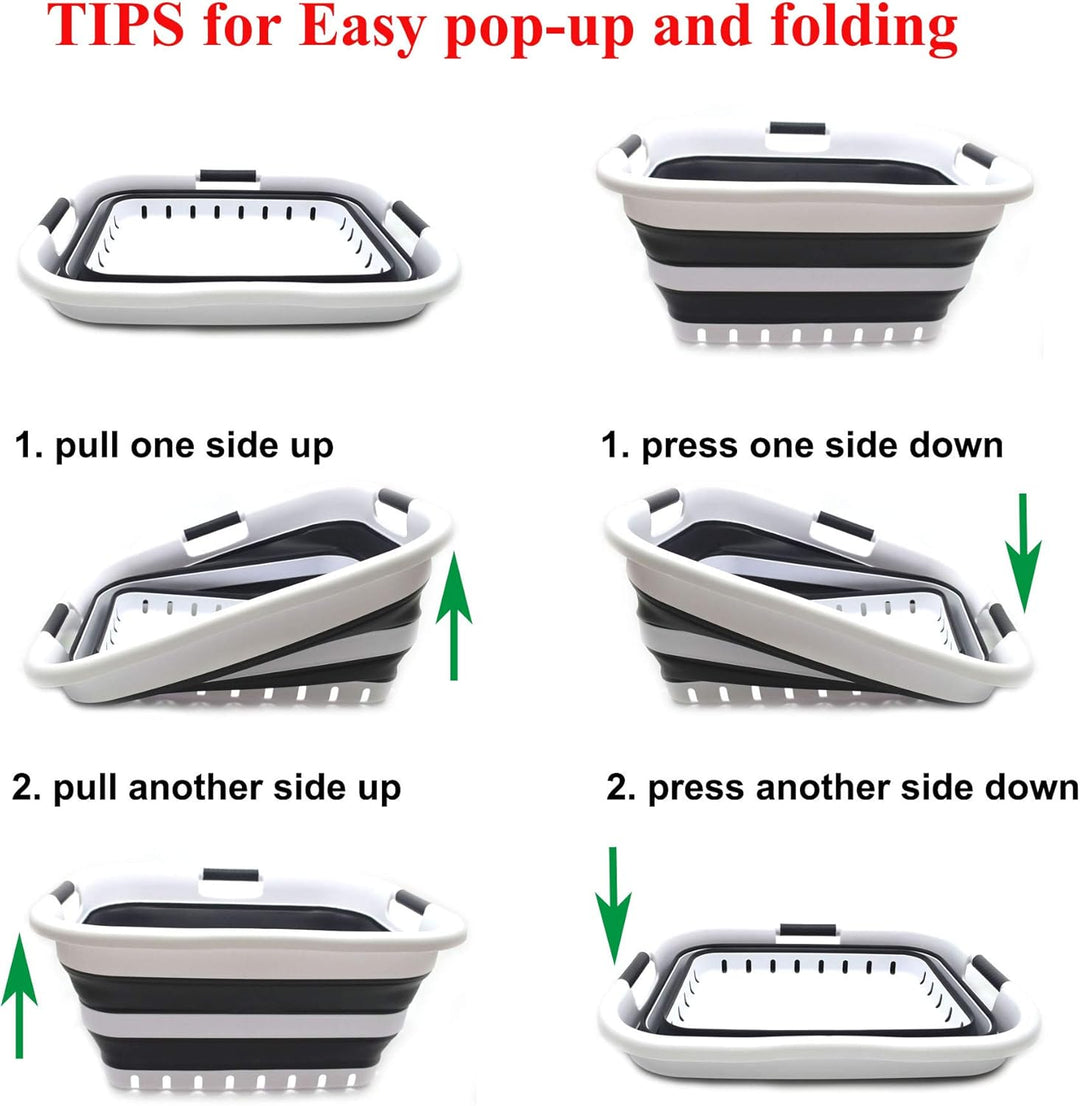 SAMMART 41L Set of 2 Collapsible 3 Handled Plastic Laundry Basket - Foldable Pop Up Storage Containe