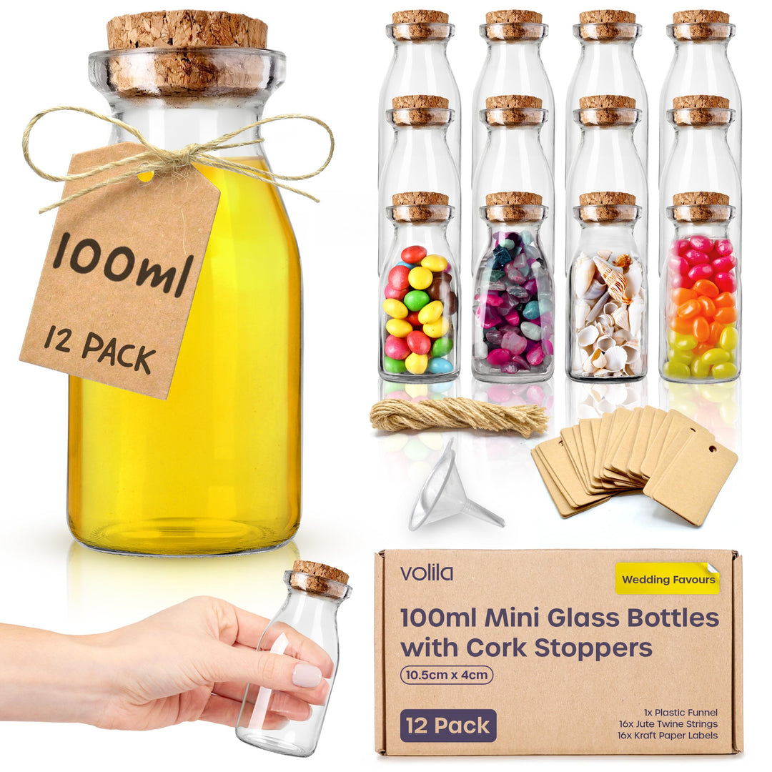 volila Glasflaschen 100ml – 12er-Pack Kleine Glasflaschen zum Befüllen als Party- oder Hochzeitsgesc