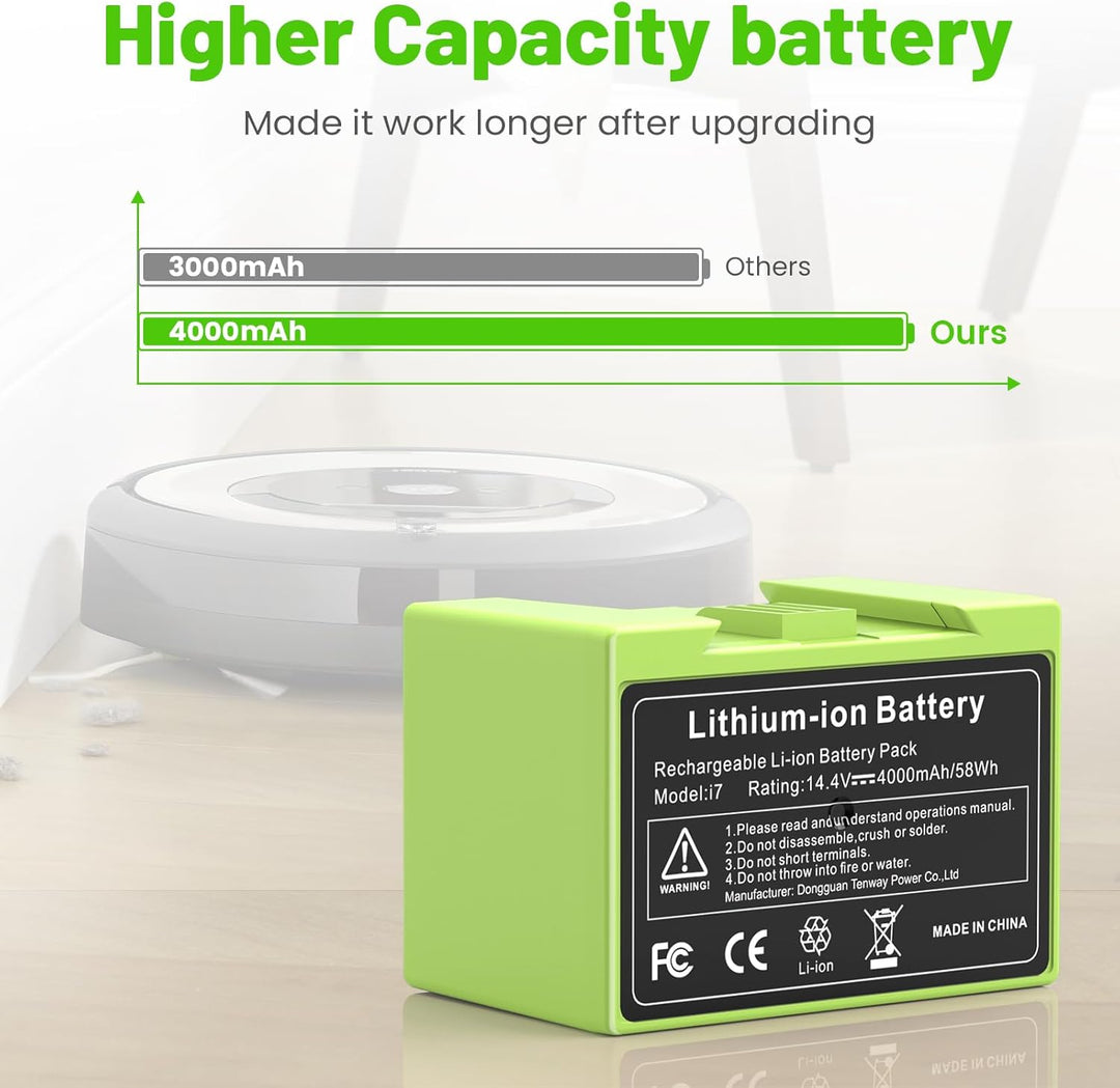 4000mAh Li-ion Akku für i7, ASUNCELL 14.4V Ersatzakku für iRobot Roomba e und i Serie i7 / i7+ i4/i4