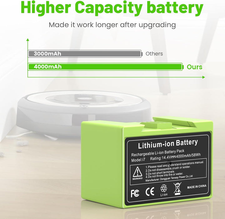 4000mAh Li-ion Akku für i7, ASUNCELL 14.4V Ersatzakku für iRobot Roomba e und i Serie i7 / i7+ i4/i4