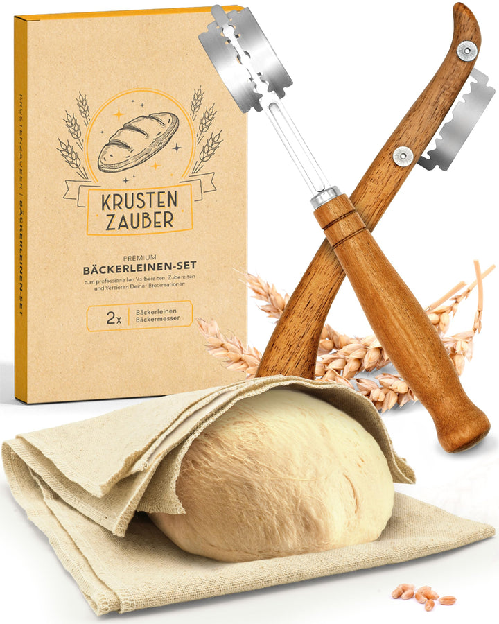 KRUSTENZAUBER Bäckerleinen und Bäckermesser Set - 2x Leinentuch 75x45cm + 2x Teigmesser - Brot Backe