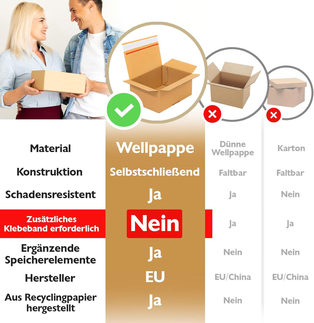 Konzept 11 Versandkarton 30x20x15cm Set 50 Stk. Faltkartons mit Deckel Selbstklebend, Kleine Kartons