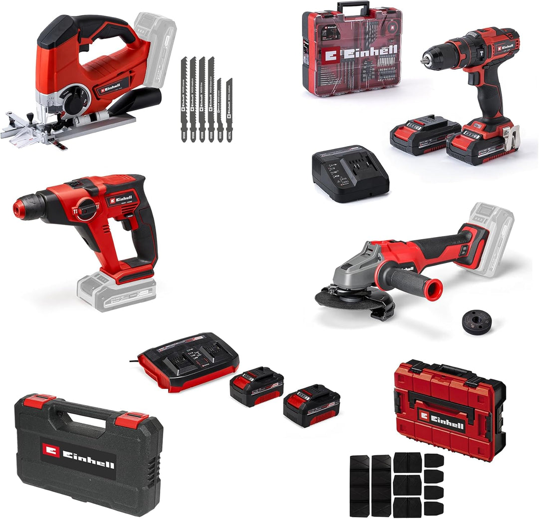 Einhell Akku-Werkzeug-Set 18 V Power X-Change – 4 Geräte + 4 Akkus + Zubehör (Stichsäge, Schlagbohrs
