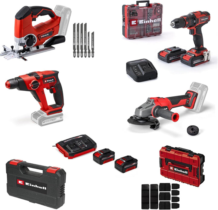 Einhell Akku-Werkzeug-Set 18 V Power X-Change – 4 Geräte + 4 Akkus + Zubehör (Stichsäge, Schlagbohrs