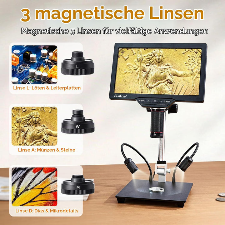 Elikliv 4K Magnetisches 3-Linsen Mikroskop: TL301 Max Münzmikroskop mit 10,1" IPS Display, Digitalmi