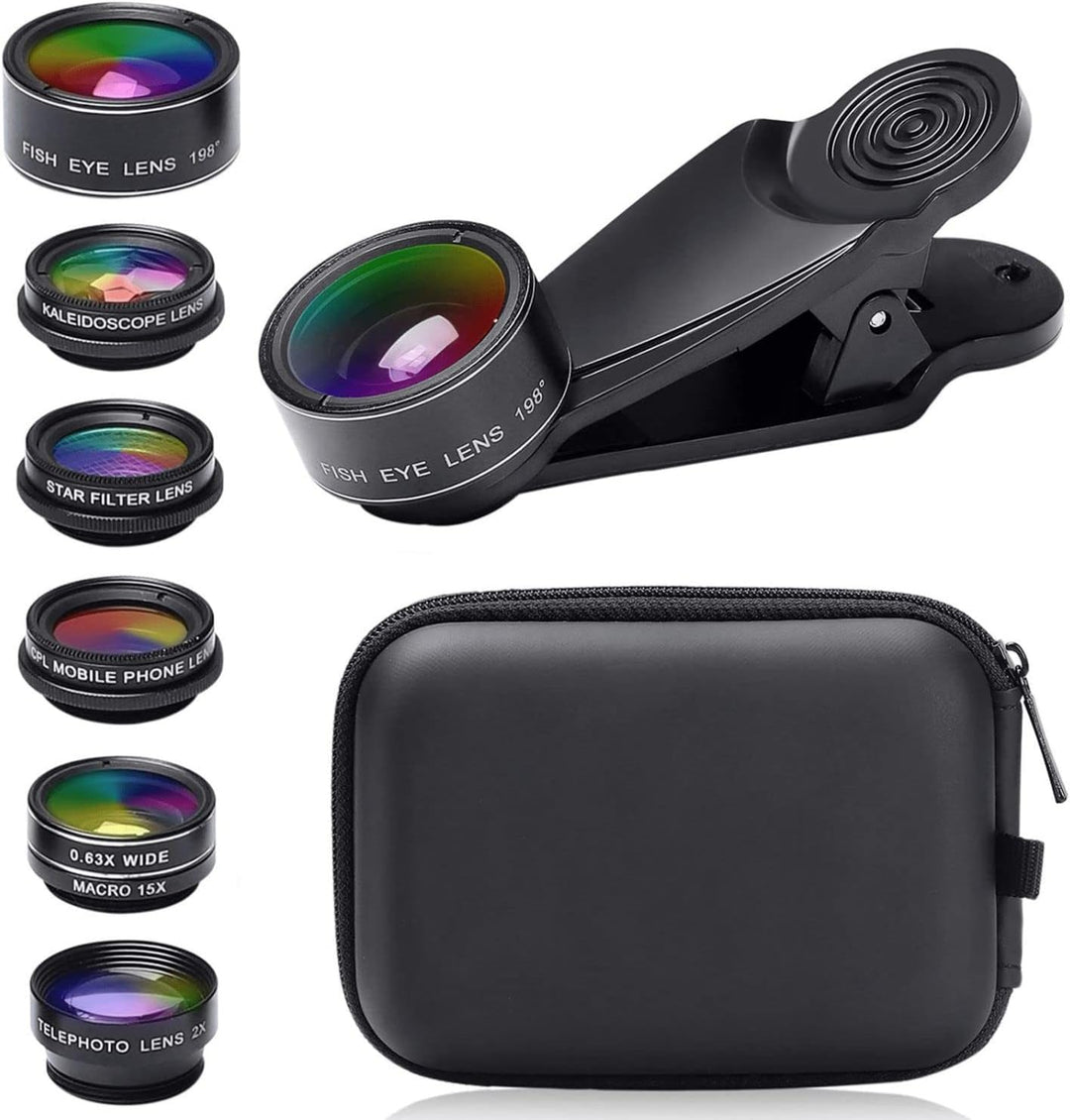7-in-1-Objektiv-Set für Handy, HD Fisheye, Weitwinkel 0,63 x, Makro 15 x, Porträtobjektiv, 2 x Polar