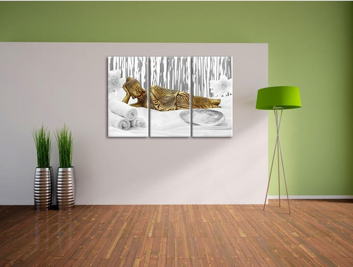 Pixxprint Goldener Buddha auf Handtuch als Leinwandbild/Grösse: 3 Teilig (120x80) cm/Wandbild/Kunstd