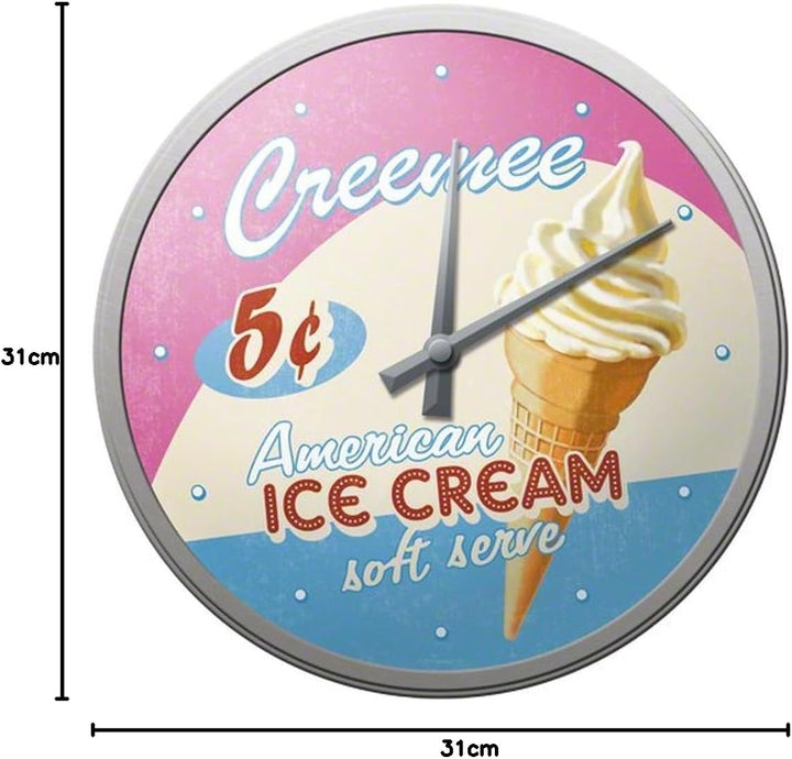 Nostalgic-Art, Retro Wanduhr, Ice Cream – Geschenk-Idee für USA- und Diner-Fans, Grosse Küchenuhr, V