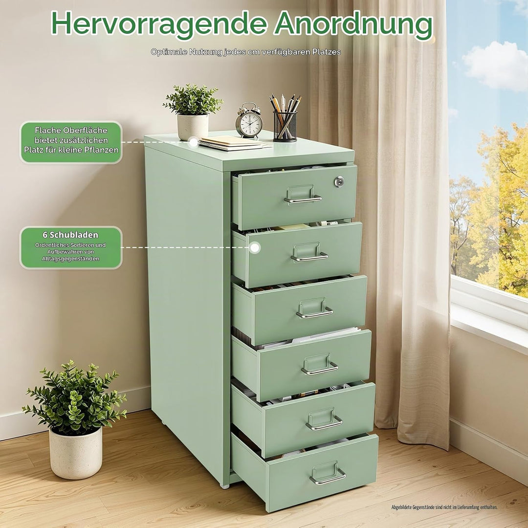 Aktenschrank Abschliessbar, Rollcontainer mit 6 Schubladen, Metall Bürocontainer Schubladenschrank R