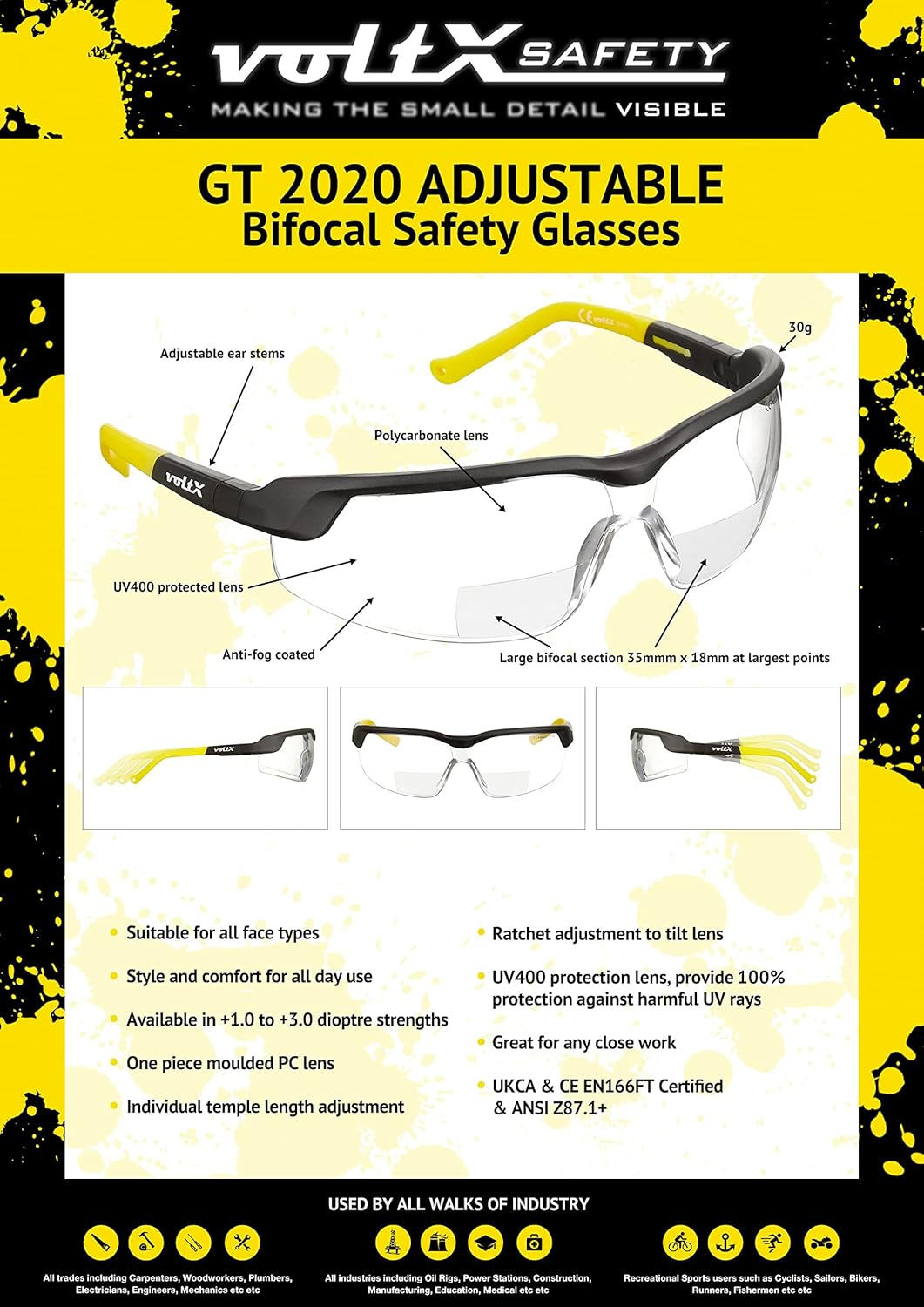 voltX 3 x GT Adjustable (2020 Model) Bifokale Lesen Schutzbrille (KLAR +3.0 Dioptrie), EN166FT Zerti