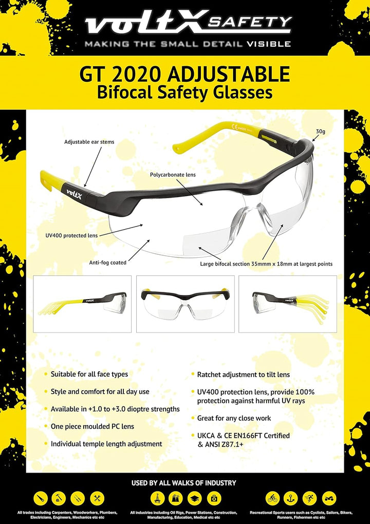 voltX 3 x GT Adjustable (2020 Model) Bifokale Lesen Schutzbrille (KLAR +1.0 Dioptrie), Anti-Beschlag
